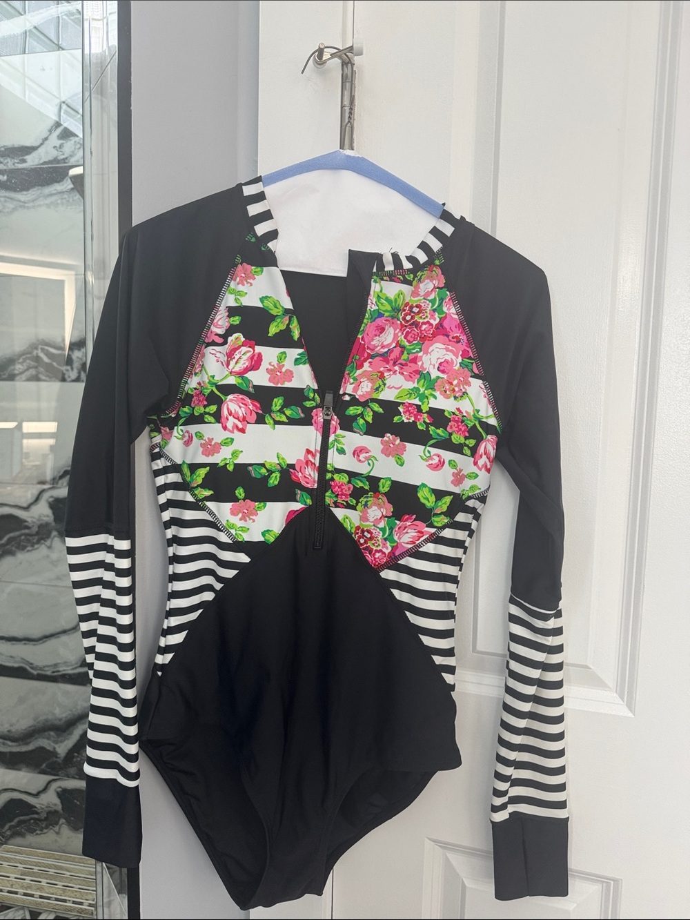Floral Stripe Long-Sleeve One-Piece Swimsuit - Black & Pink